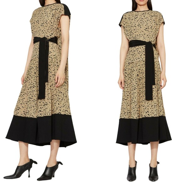 PROENZA SCHOULER Cape Dress Inky Leopard Print Short Sleeve Combo Black Tan 4 - Picture 2 of 12